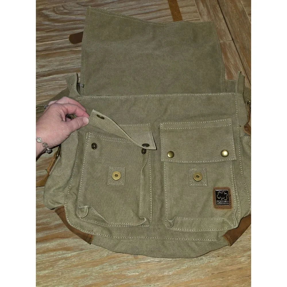 Sechunk Messenger Bag, Military style, leather, canvas, missing front buckles